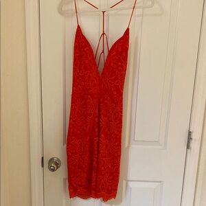 Reddish-Orange Lace Cocktail Dress with Spaghetti Straps